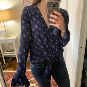Silky Blue Floral Long Sleeve Blouse